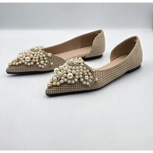 Women’s Pearl Embellished Pointed Toe Flats Woven Tan D’Orsay Slip On ShoeSize 9